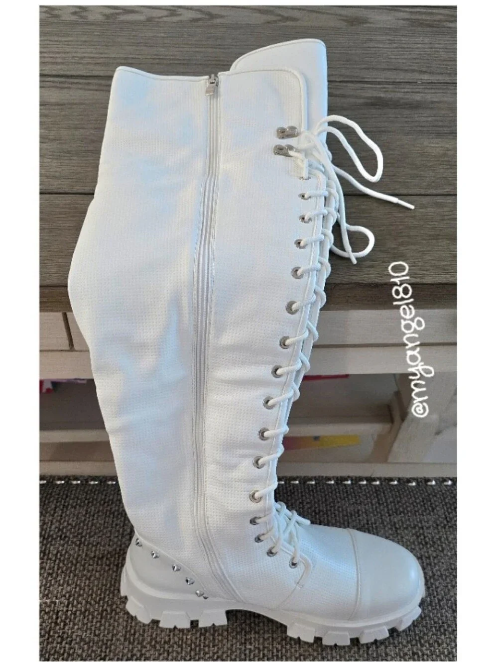 Azalea Wang White Lace-Up Over-the-Knee Combat Boots, Size 11